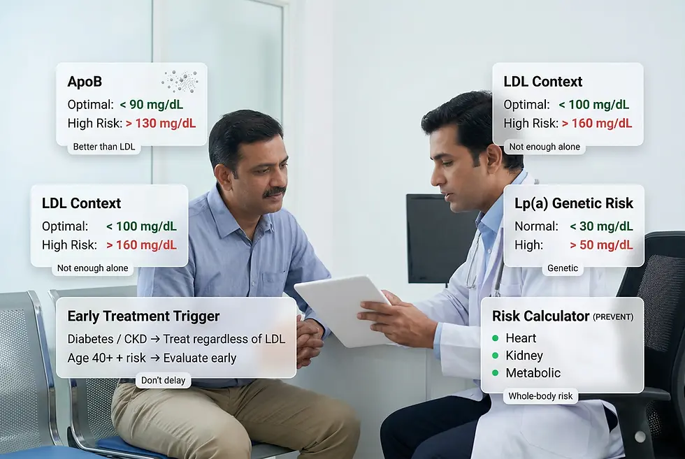 Doctor discusses health risks with patient in office. Text boxes show ApoB, LDL, genetic info, and treatment suggestions. Calm setting. Analyze on Seht