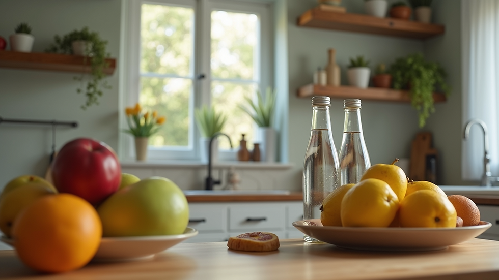 High angle view of a family kitchen with fresh fruits and water bottles