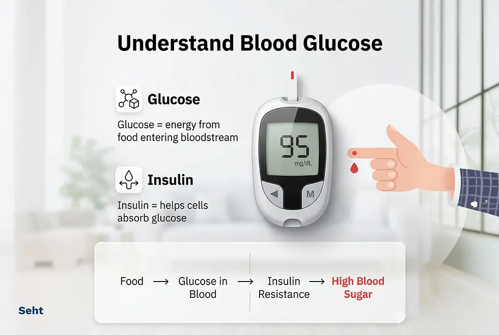 Blood glucose infographic shows glucose meter (95 mg/dL), a finger with a blood drop, and text on glucose, insulin, and high blood sugar.
