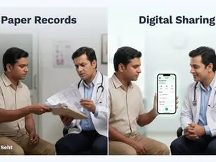 A patient and doctor compare paper records and a smartphone app for digital sharing. The setting is a medical office. Text: "Paper Records" and "Digital Sharing". Track on Seht