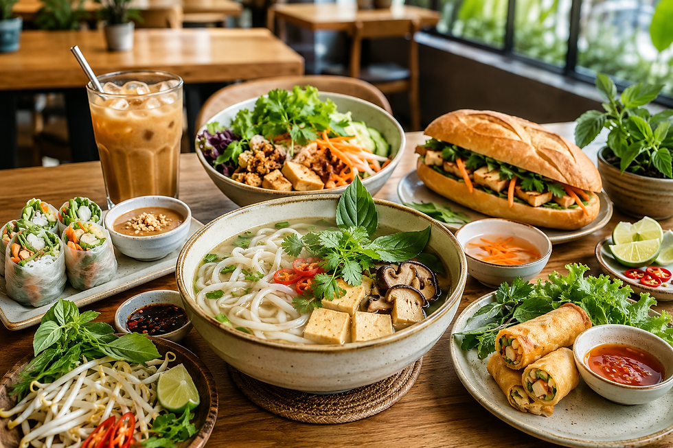 Authentic vegan Vietnamese food in Singapore featuring aromatic pho, fresh rice paper rolls, banh mi, colourful rice bowls, tofu, herbs, mushrooms, and Vietnamese iced coffee served at The Kind Bowl restaurant.