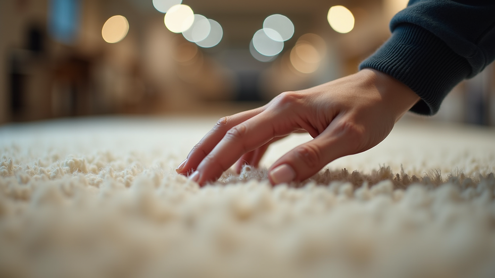 Close-up view of a hand touching a wool carpet in a store