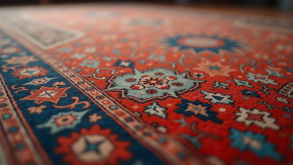 Close-up view of a hand-knotted oriental carpet with intricate patterns