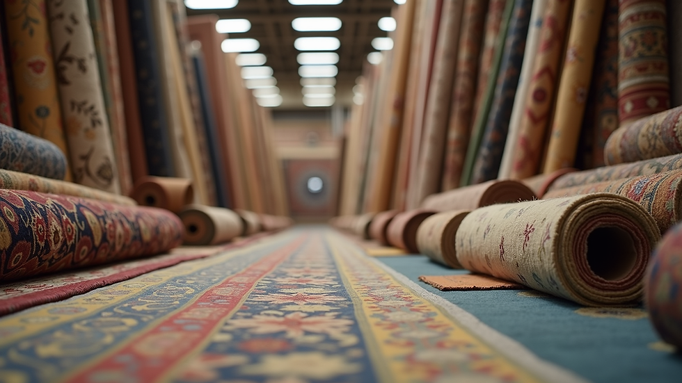 Eye-level view of a carpet store with various rolled carpets