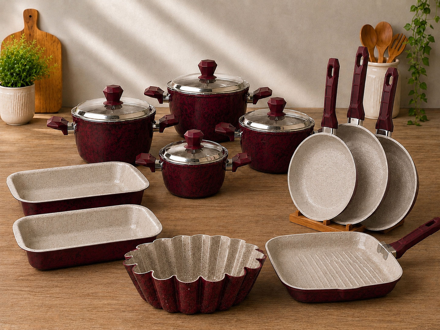 Premium Burgundy Granite Nonstick Cookware Set – Pots, Frying Pans, Grill Pan, O