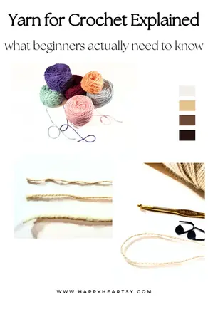 Yarn for crochet explained thumbnail with yarn balls, yarn thickness comparison and crochet hook for beginners guide