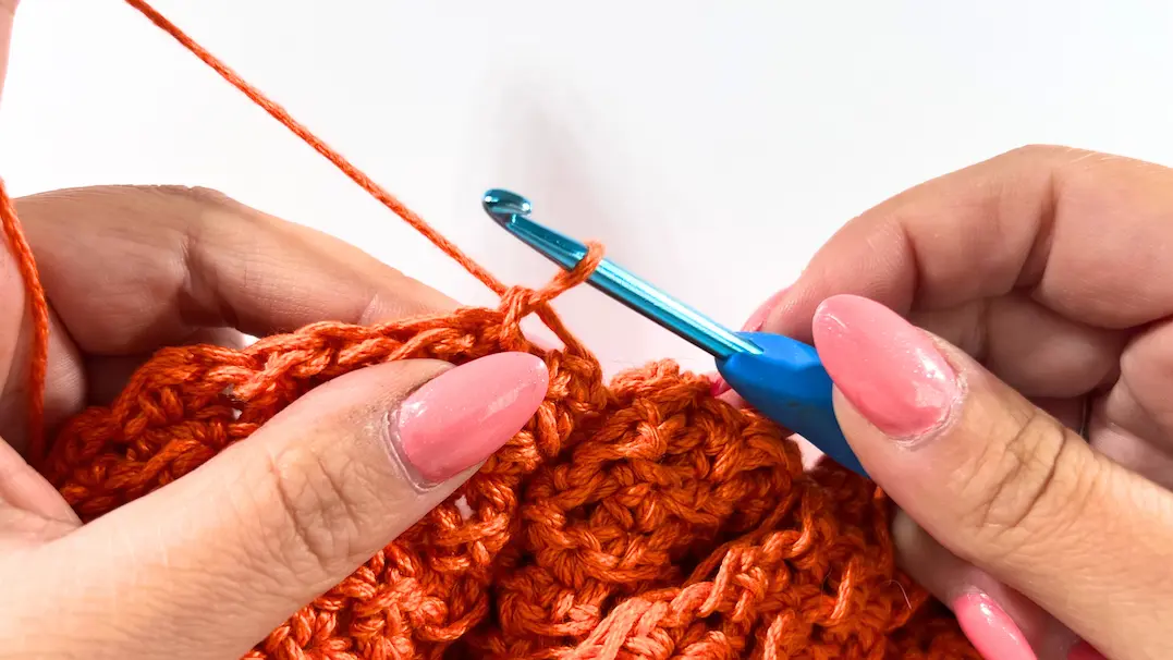 Starting the first row of the bottom section by inserting the hook into the marked stitch of the twisted crochet top.