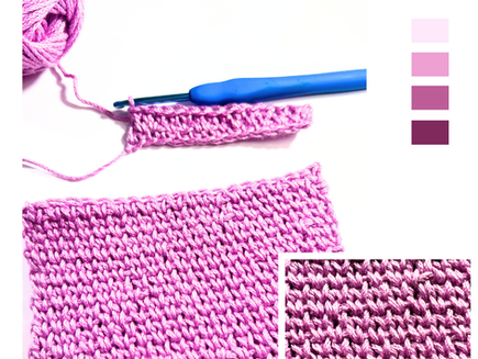 Infographic showing how to crochet the Waistcoat Stitch with step-by-step visuals of a pink crochet swatch in progress, a blue ergonomic crochet hook, colour palette on the side, and a close-up inset of the knit-look texture. Text reads “How to Crochet Waistcoat Stitch” with the website www.happyheartsy.com.