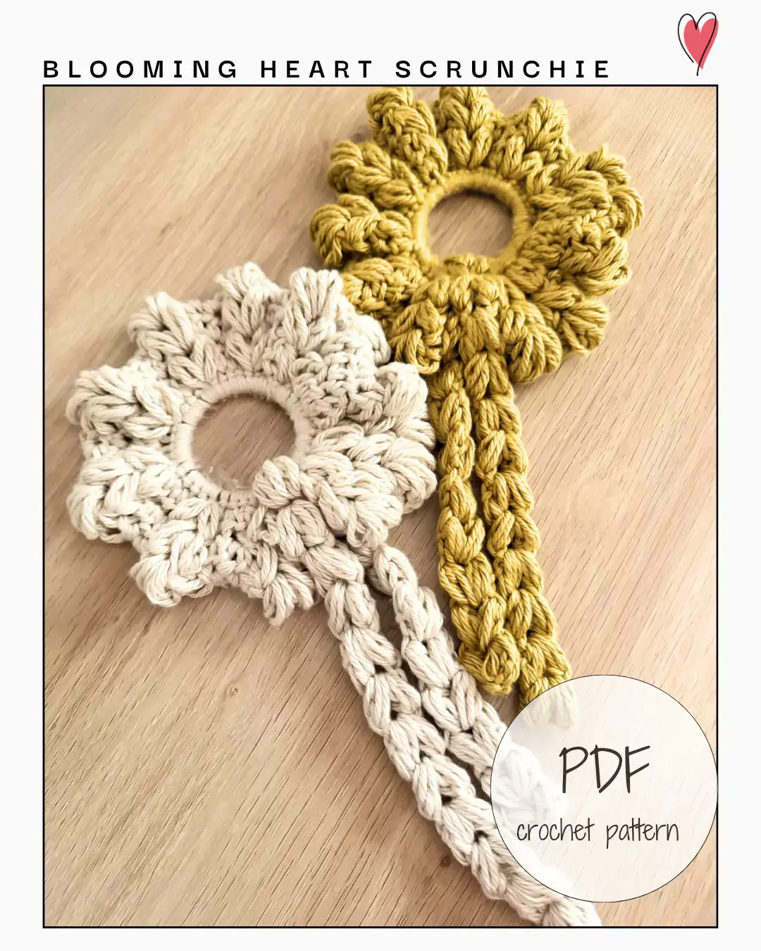 Blooming Heart Crochet Scrunchie PDF Pattern