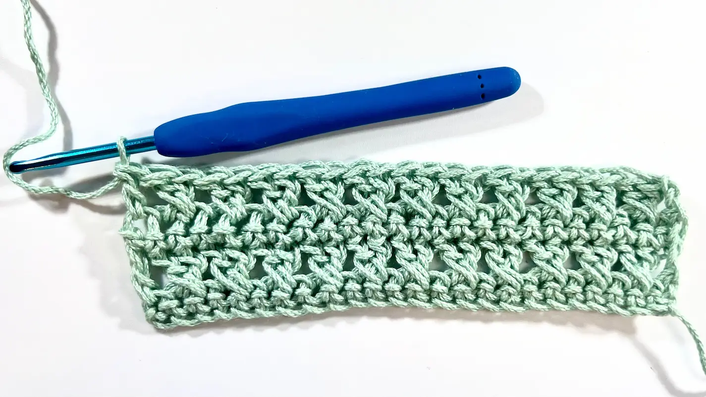 Sample swatch showing multiple rows of Crossed Double Crochet with beautiful texture and a finished look.