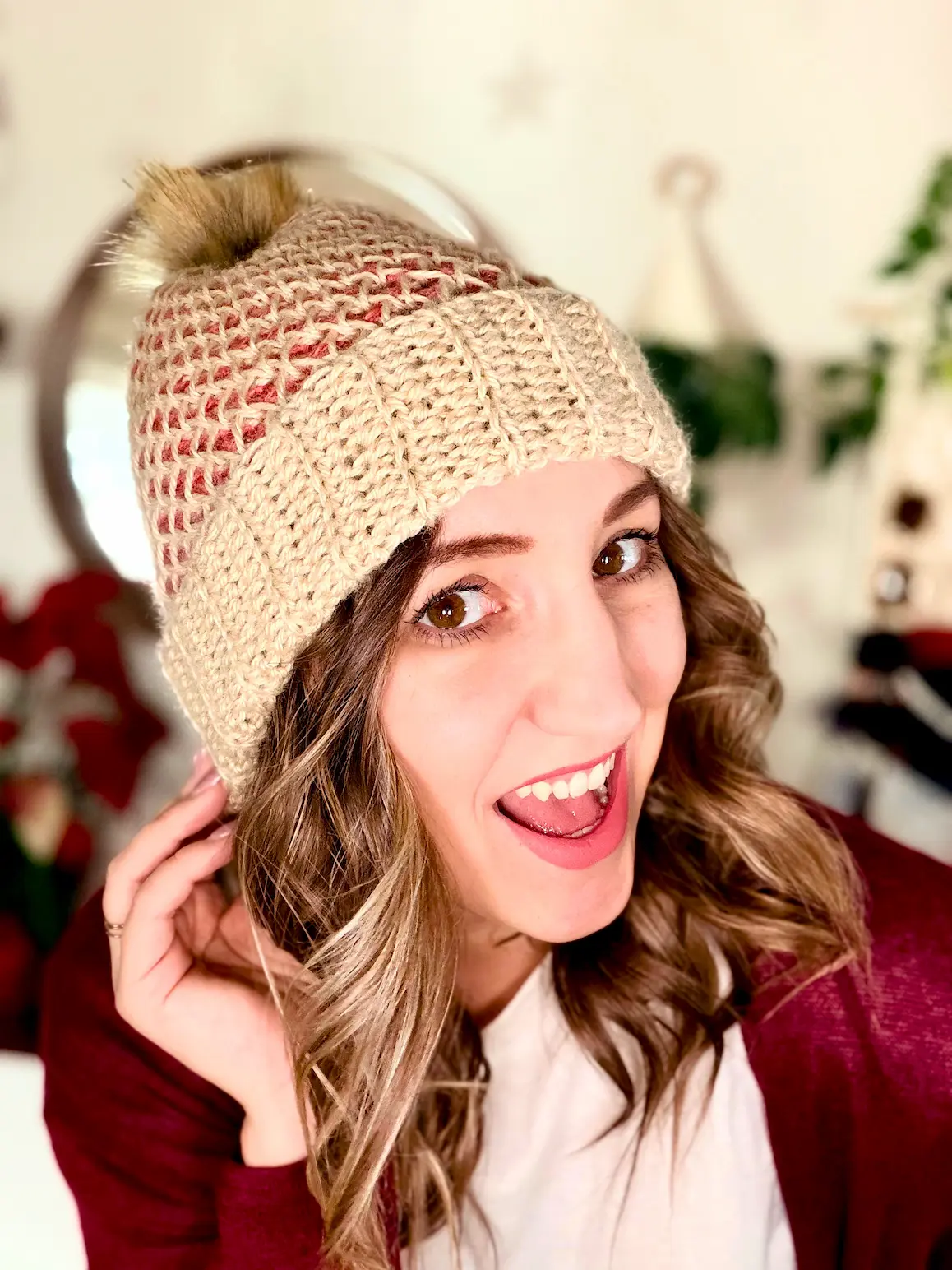 Handmade Honeycomb Beanie crochet hat worn, featuring textured stitch and folded ribbed brim