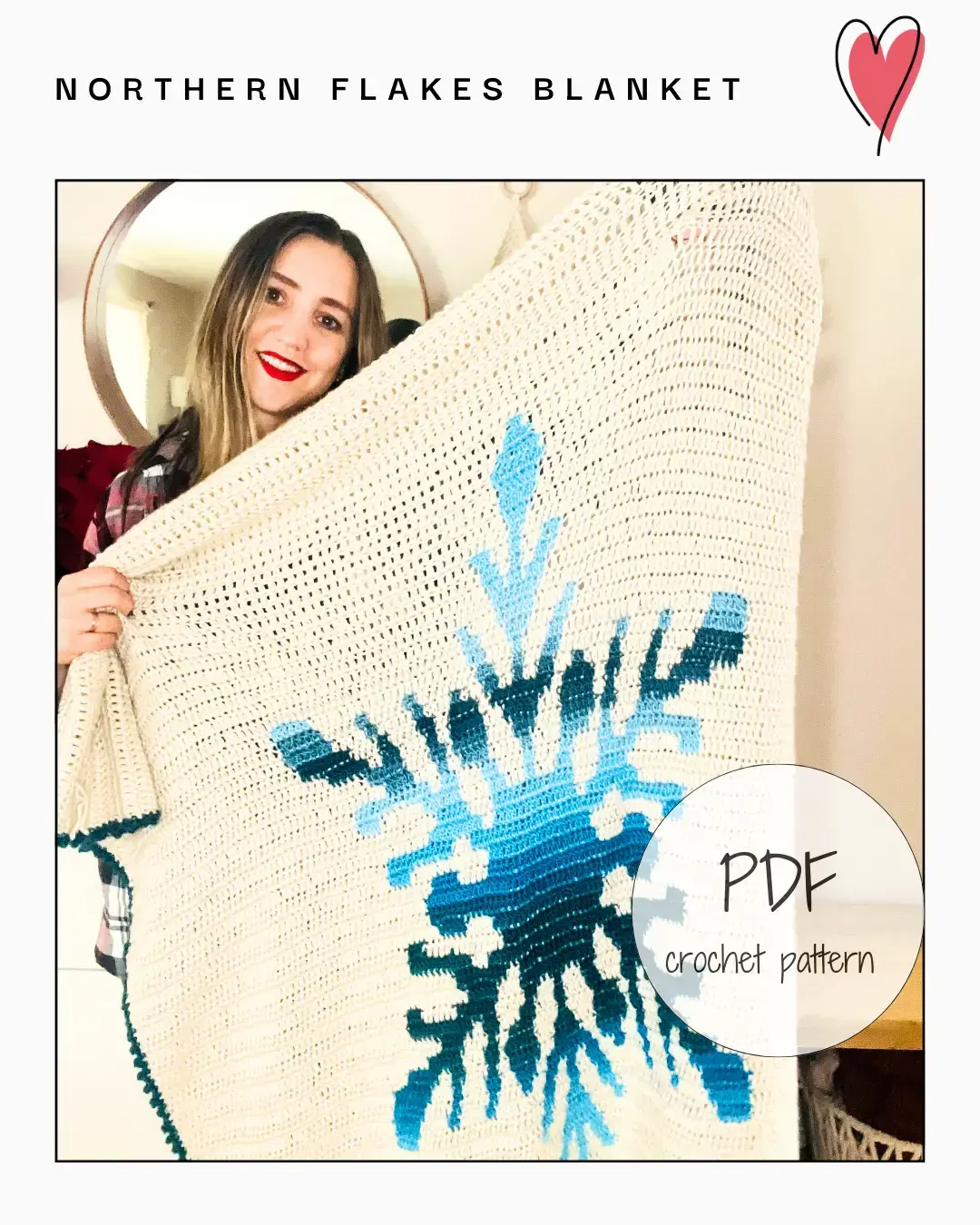 Northern Flakes Blanket crochet pattern cover image showing Lenka holding the blanket and text indicating PDF pattern.