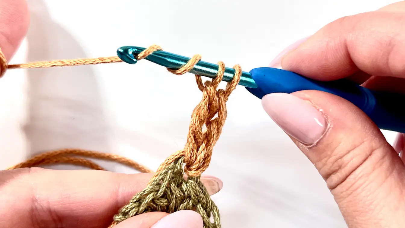 Crochet close-up showing yarn over with two loops on the hook, preparing to continue the petal stitch on the Daisy Granny Square.