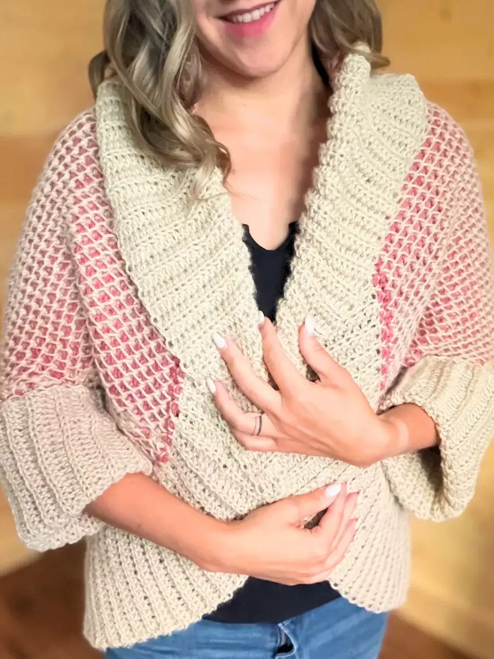 Thumbnail: Front view of the Wild Rose Cocoon Shrug crochet cardigan