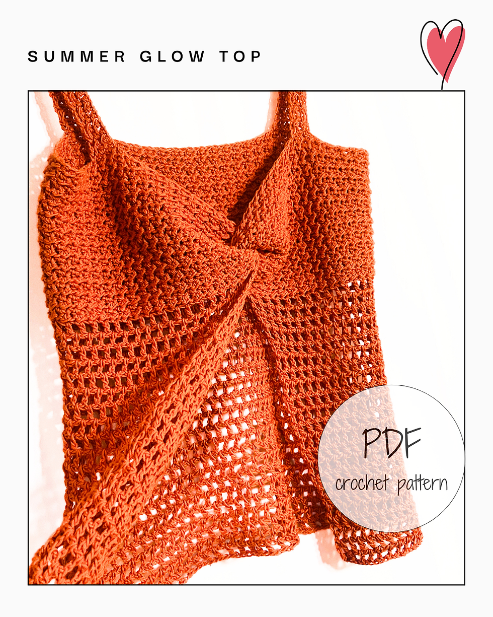 Cover image of burnt orange crochet top with twisted bust and airy lower section, labeled “PDF crochet pattern.”