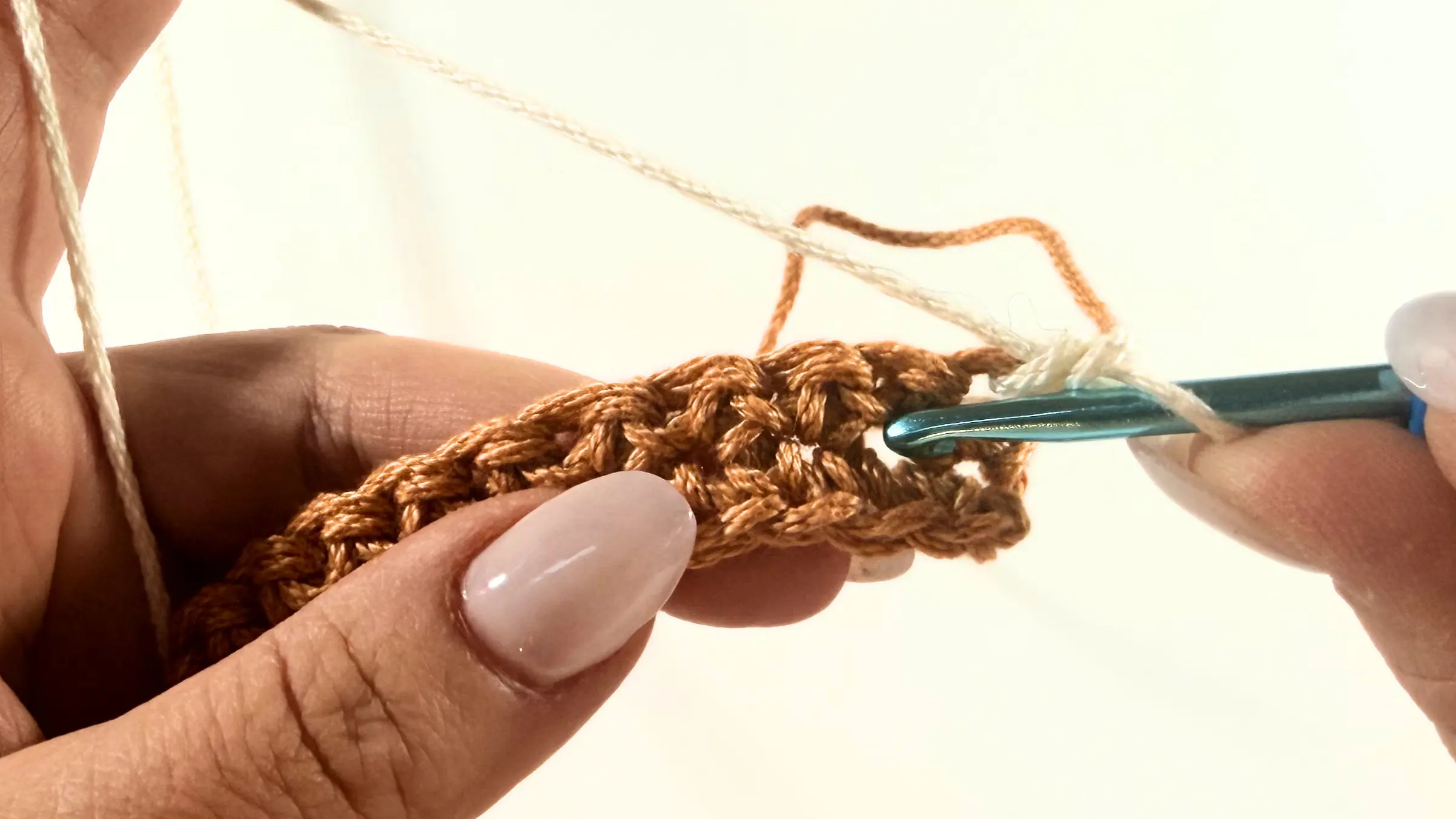 Inserting the hook into the row below for a Spike Stitch.