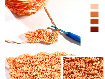 Collage image showing how to crochet the shell stitch, including a yarn ball, a partially completed swatch on a hook, a full close-up of the finished shell stitch texture in peach-coloured yarn, and a coordinating colour palette on the side. Text at the top reads “How to Crochet Shell Stitch” with the website www.happyheartsy.com at the bottom.