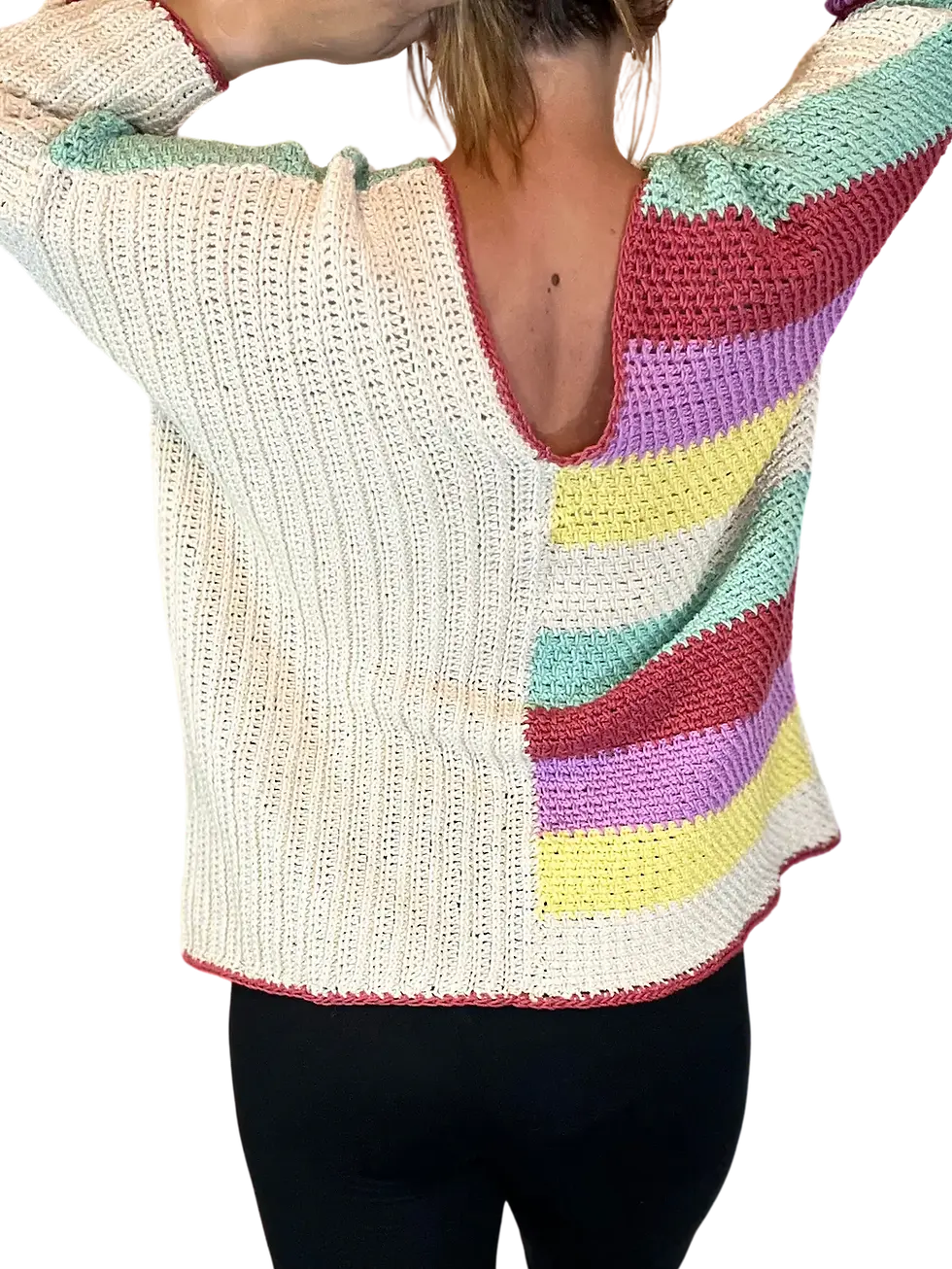 Thumbnail: Back view of the Happy Stripes Sweater with textured stripes in cream, mint, yellow, purple, and red.