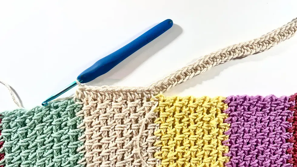 A crochet panel with colourful horizontal stripes showing the first row completed in a new section, with a beige yarn foundation chain now worked into with half double crochet stitches and the hook in place, ready to continue the second half of the panel.