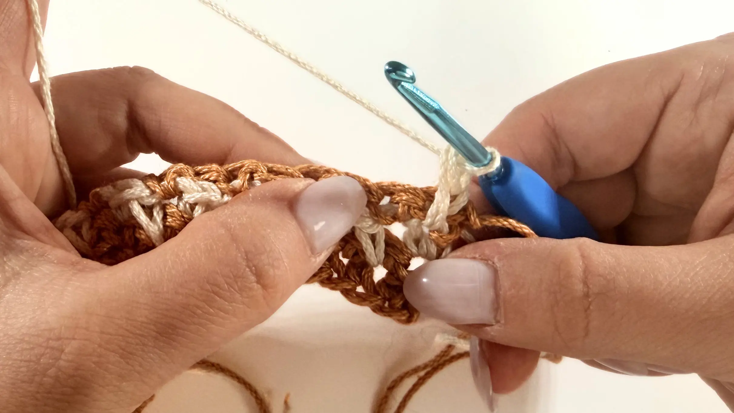 Inserting the hook into the Single Crochet two rows below to make the first Spike Stitch of Row 5.