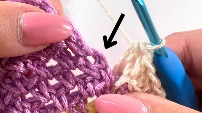 Close-up of a crochet hook about to make a slip stitch into the side edge of the striped panel, with an arrow pointing to the exact stitch for joining a Half Double Crochet row.