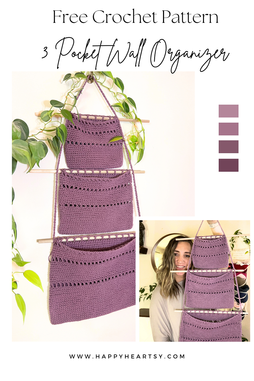 Free crochet pattern for 3 pocket wall organizer with wooden dowels, handmade storage for nursery or home.