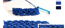 A promotional graphic titled "How to Crochet Wattle Stitch" featuring a close-up of a blue yarn ball and a short crochet swatch on a hook, a larger finished wattle stitch swatch, and a zoomed-in detail of the textured stitch pattern. A vertical colour palette of blue shades appears on the right, and the website www.happyheartsy.com is displayed at the bottom.
