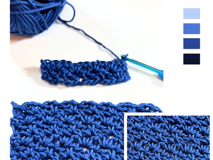 A promotional graphic titled "How to Crochet Wattle Stitch" featuring a close-up of a blue yarn ball and a short crochet swatch on a hook, a larger finished wattle stitch swatch, and a zoomed-in detail of the textured stitch pattern. A vertical colour palette of blue shades appears on the right, and the website www.happyheartsy.com is displayed at the bottom.