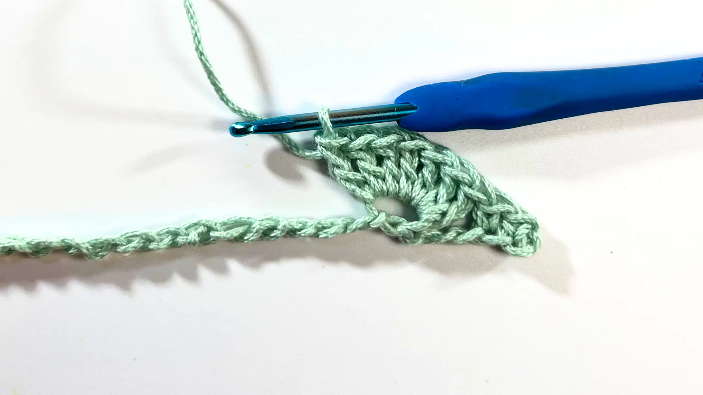 Beginning of a Catherine Wheel Stitch row in light green yarn, showing a completed 7 double crochet shell. The blue crochet hook is resting at the end of the shell stitches.