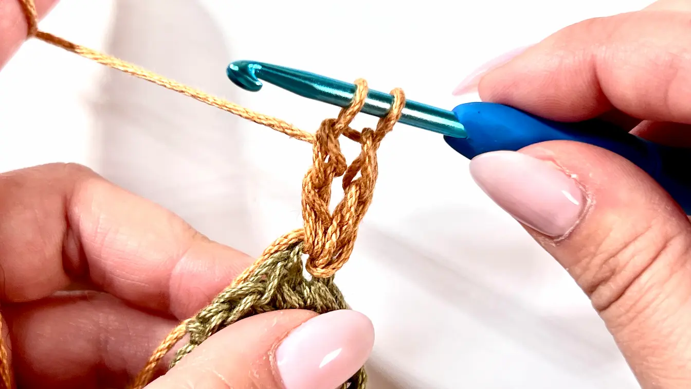 Crochet close-up showing yarn over with two loops on the hook, preparing to continue the petal stitch on the Daisy Granny Square.