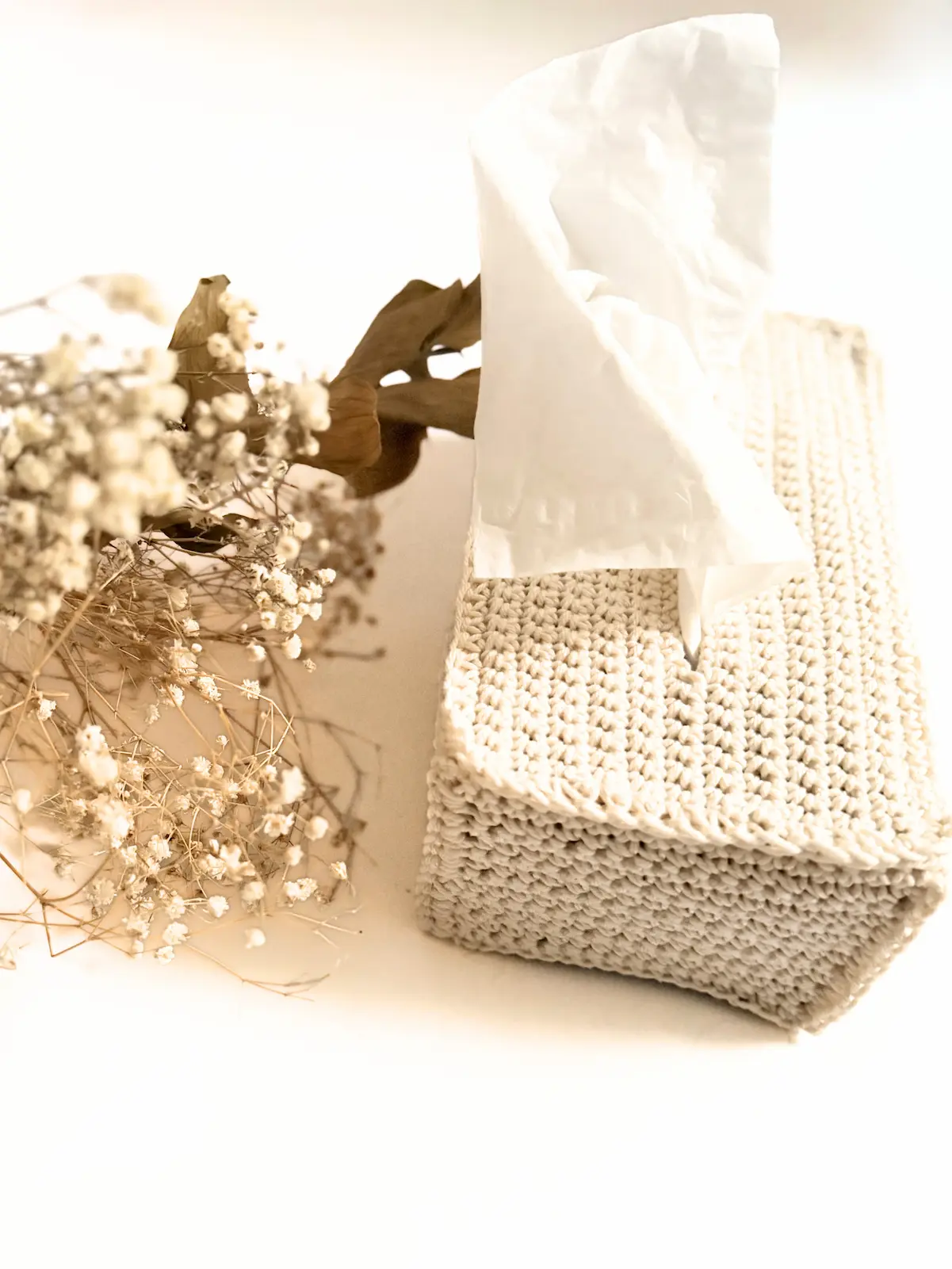 Finished crochet tissue box cover styled with dried flowers and a tissue pulled through the top opening.