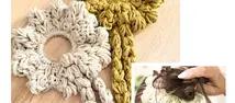 Blooming Heart Crochet Scrunchie Pattern featuring two handmade puff stitch scrunchies with decorative tails in cream and mustard, plus a photo showing the scrunchie worn in a ponytail.