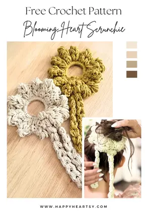 Blooming Heart Crochet Scrunchie Pattern featuring two handmade puff stitch scrunchies with decorative tails in cream and mustard, plus a photo showing the scrunchie worn in a ponytail.