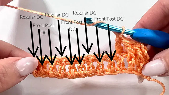 Alternating front post and regular double crochet stitches in progress for the waffle stitch texture.