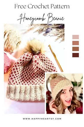 Honeycomb Beanie crochet pattern featuring a textured two-colour honeycomb stitch hat with ribbed brim and pompom.