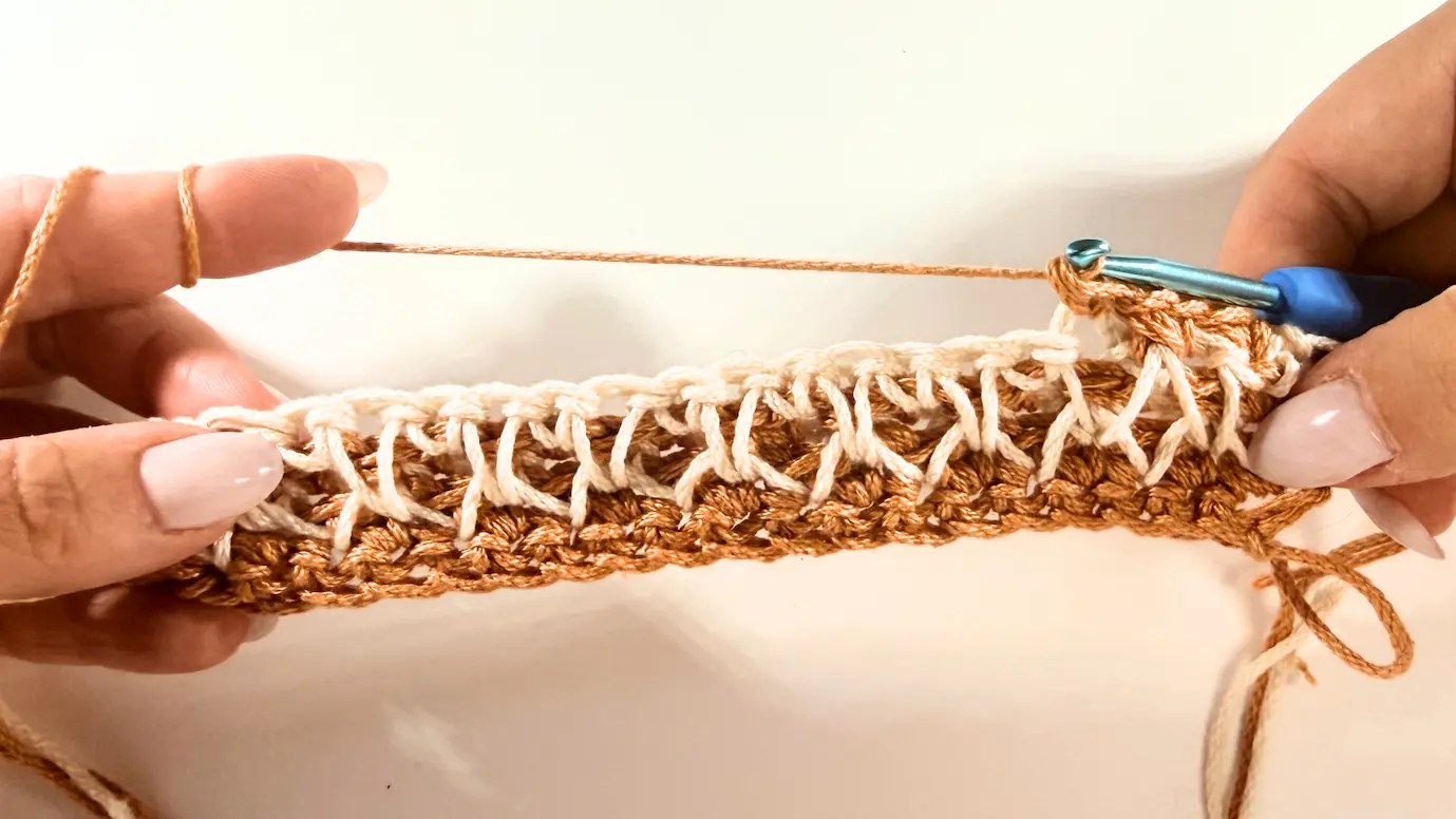Alternating between Single Crochet stitches and connecting the two legs across Row 6.