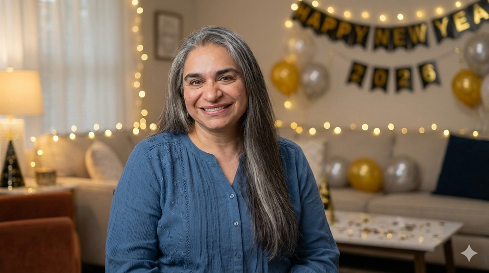 Ruth Hovsepian celebrating New Year’s Eve with a joyful smile, reflecting on wrapping up 2025 with grace.