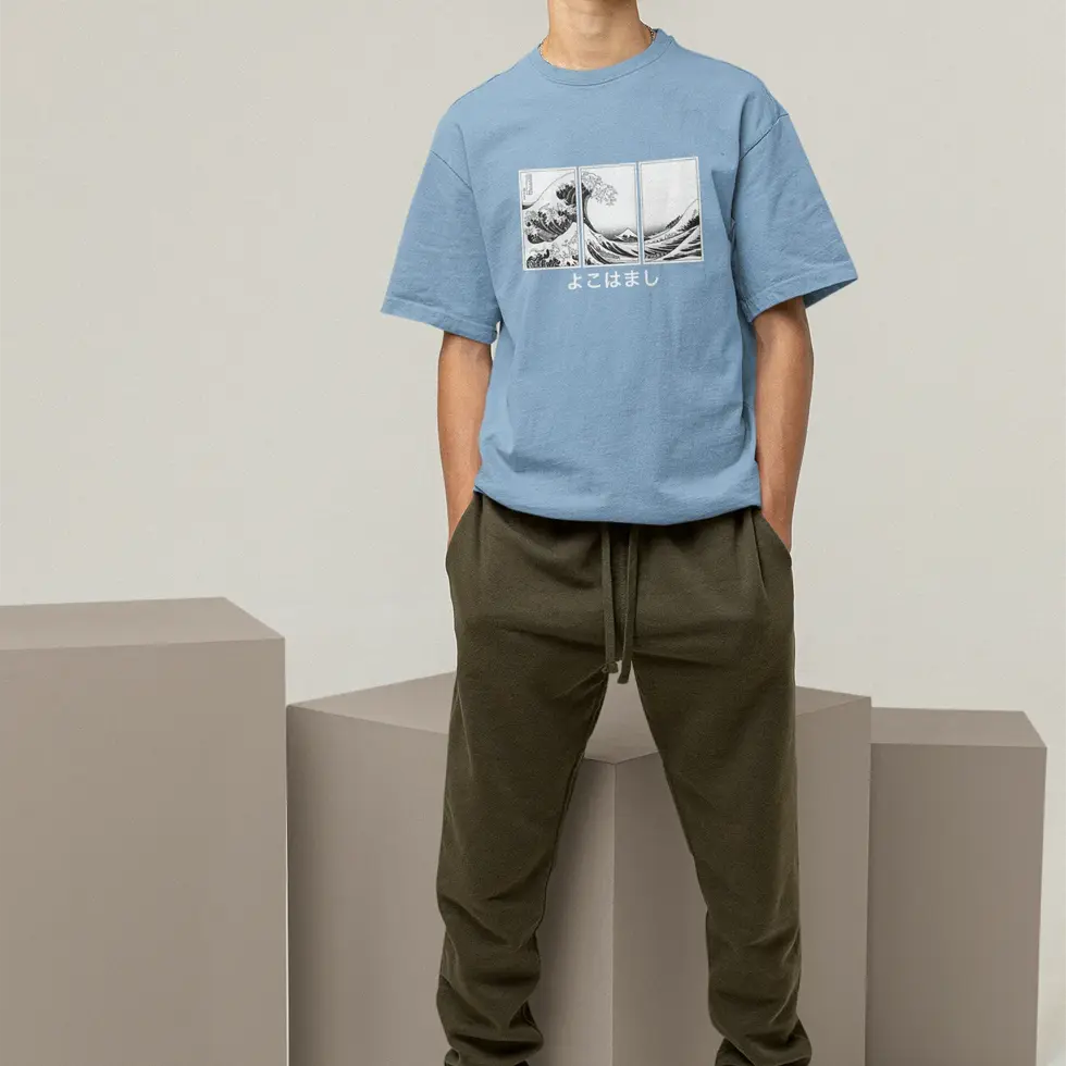 Baby blue Japanese Wave Ukiyo-e | Men's Oversized Tee