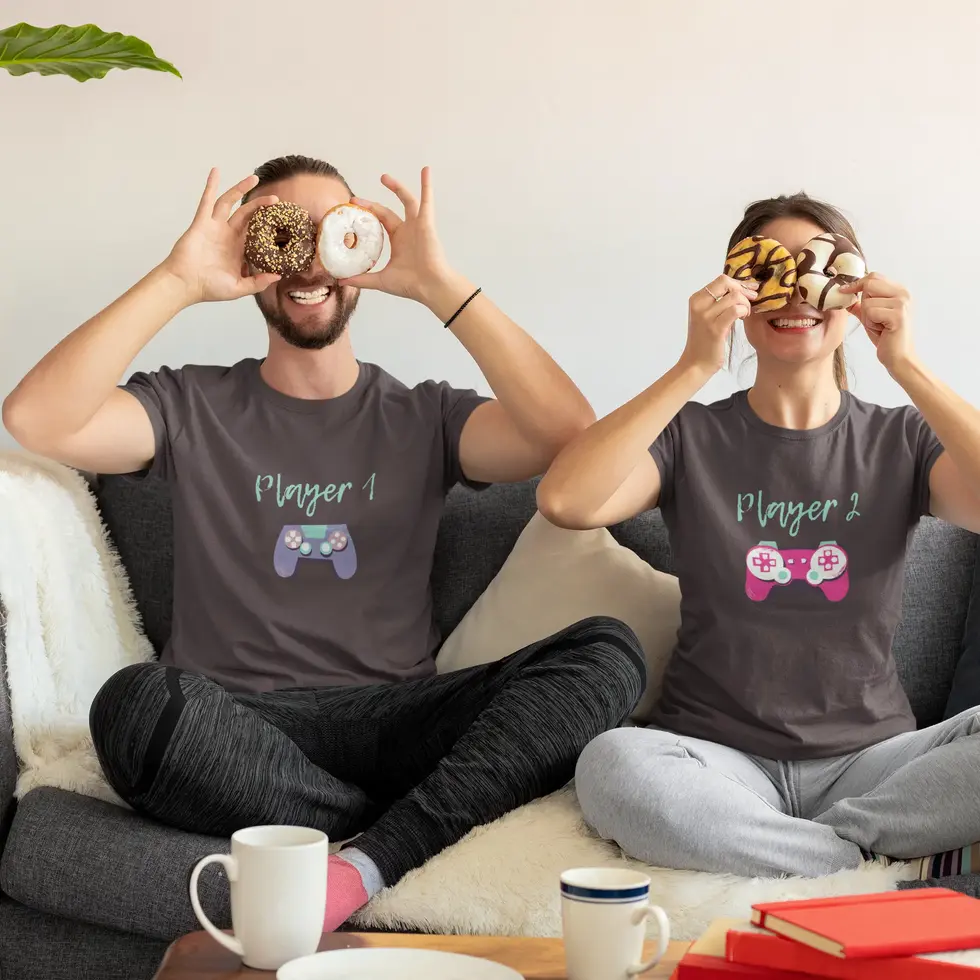 Charcoal grey Player 1 & Player 2 Half Sleeve | Gaming Couple Graphic Tee