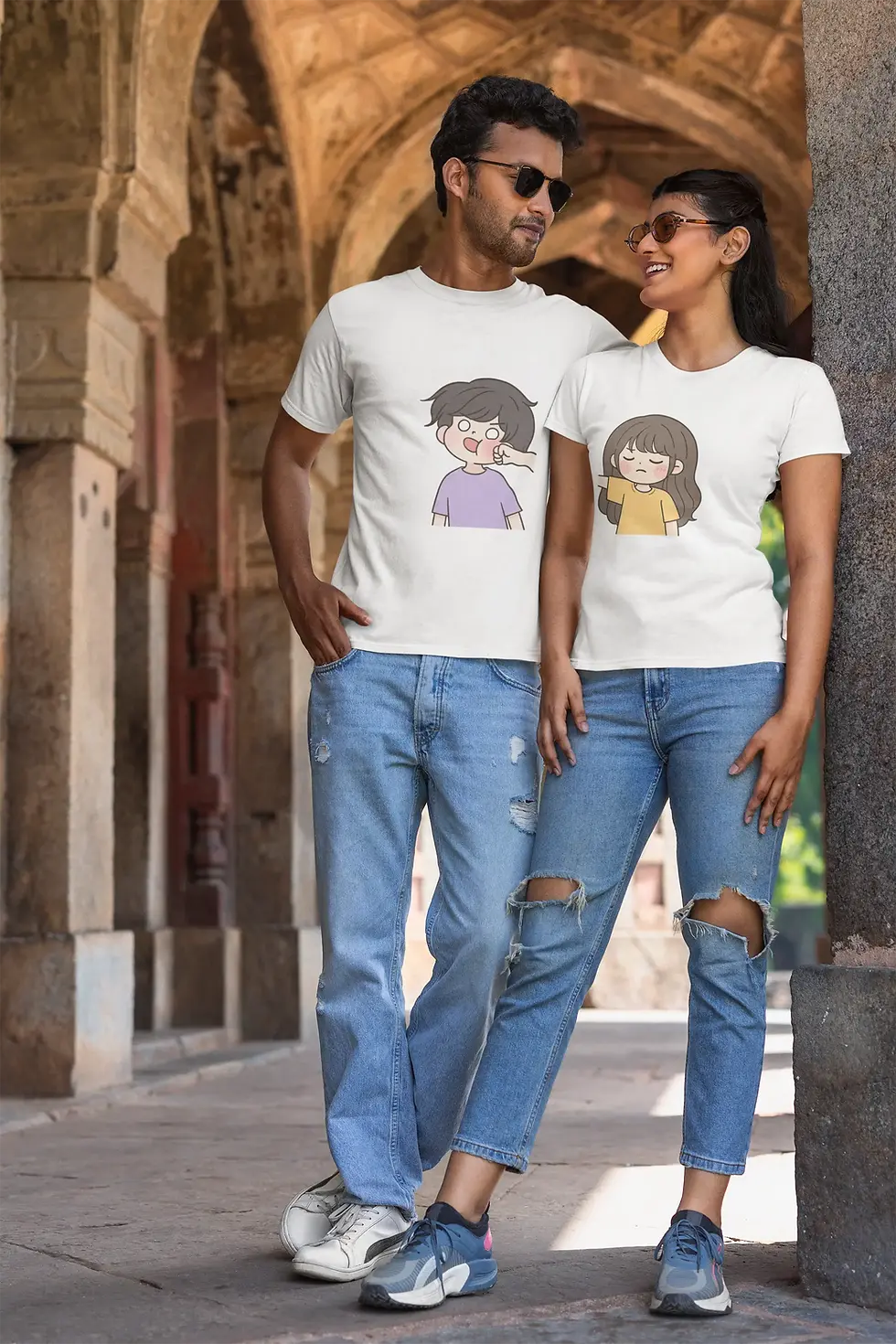 White Funny Girl Punching Boy Face Matching Half Sleeve Tees-Couple Anime T-Shirt