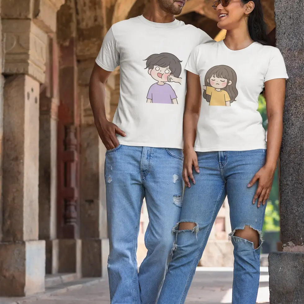 White Funny Girl Punching Boy Face Matching Half Sleeve Tees-Couple Anime T-Shirt