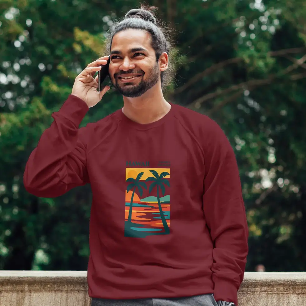 Maroon Hawaii Vibes Sweatshirt | Tropical Graphic Men's Tee