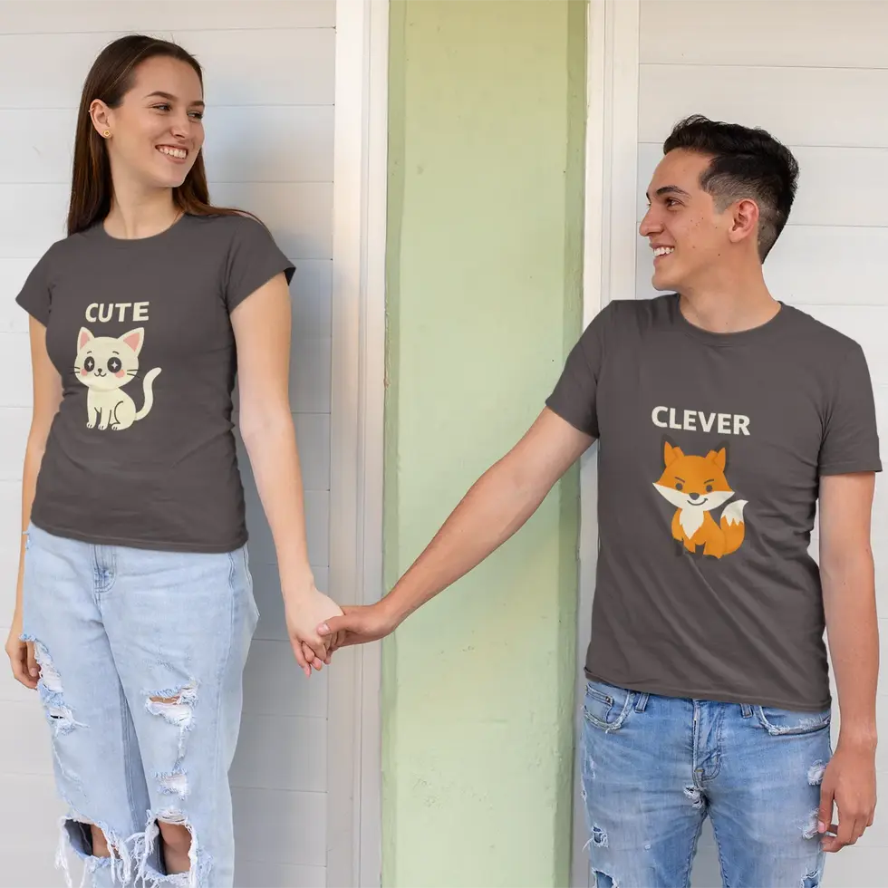 Gray Cute Cat & Clever Fox | Couple Tee