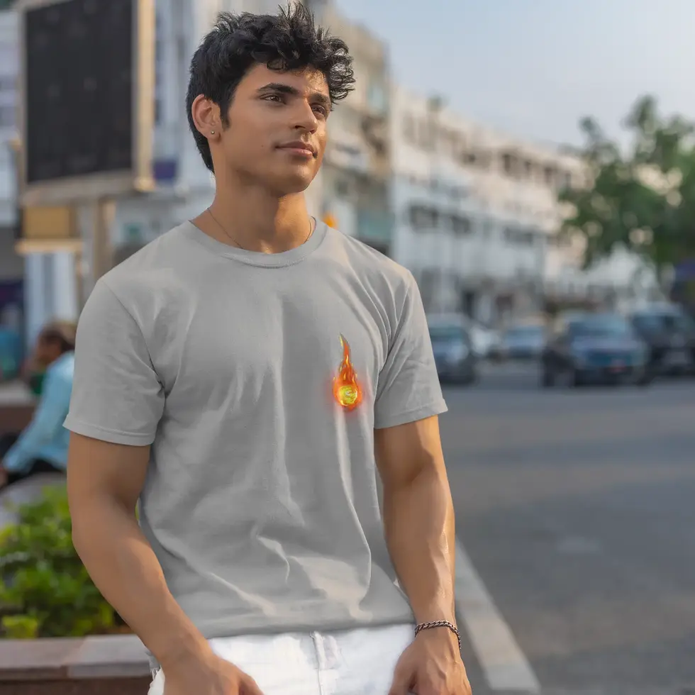 Melange grey front view Ninja Fire Warrior Half sleeve | Graphic Samurai Style Men's Tee