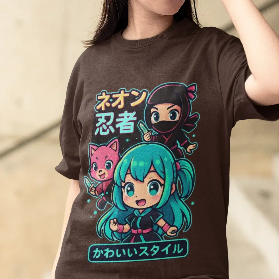 Brown Cute Anime-Style Ninja & Fox Graphic Women's Oversized T-Shirt