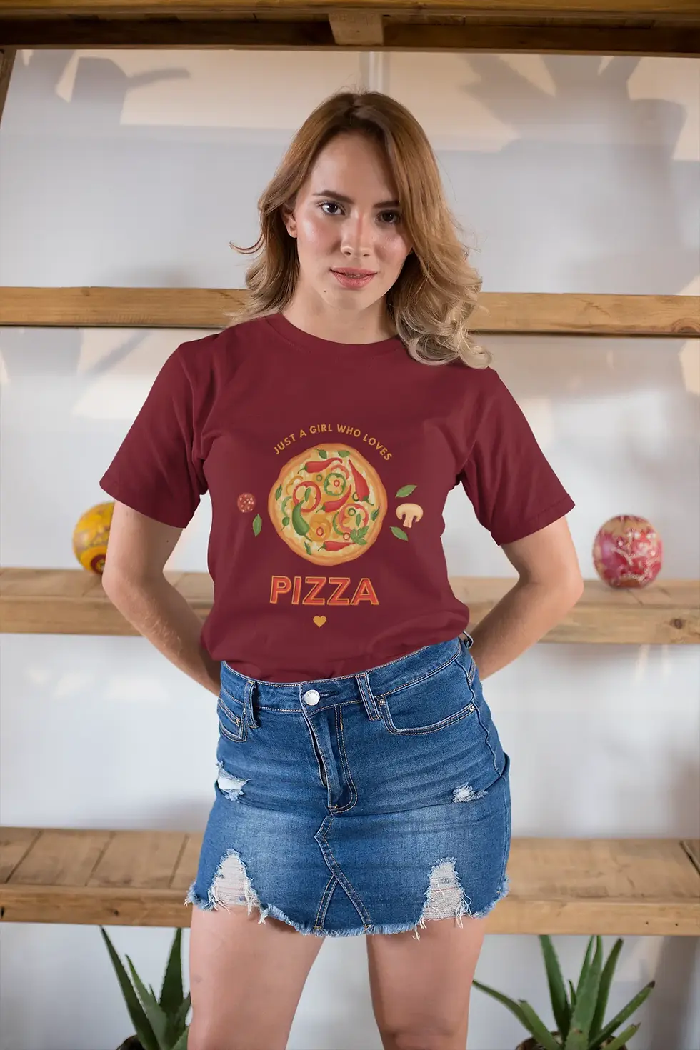 Maroon Just a Girl Who Loves Pizza Graphic T-Shirt | Women's Half Sleeve Tee