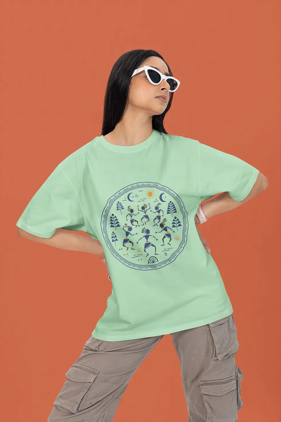 Sage green Tribal Celestial Dance | Graphic Women’s Oversized Tee