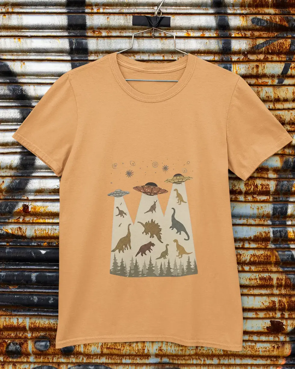 Mustard yellow UFO Alien Dinosaur T-Shirt | Retro Sci-Fi Unisex Half Sleeve Tee