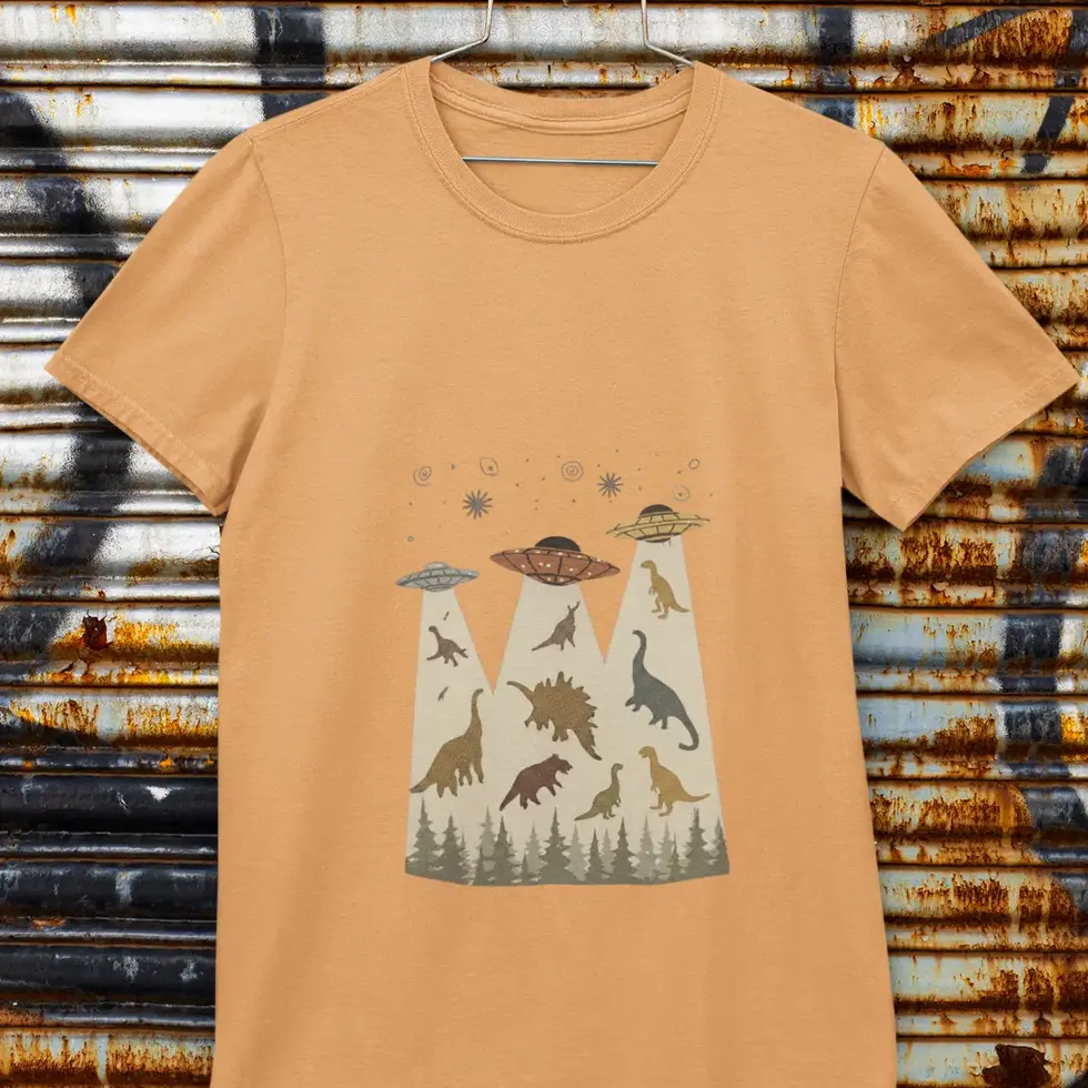 Mustard yellow UFO Alien Dinosaur T-Shirt | Retro Sci-Fi Unisex Half Sleeve Tee