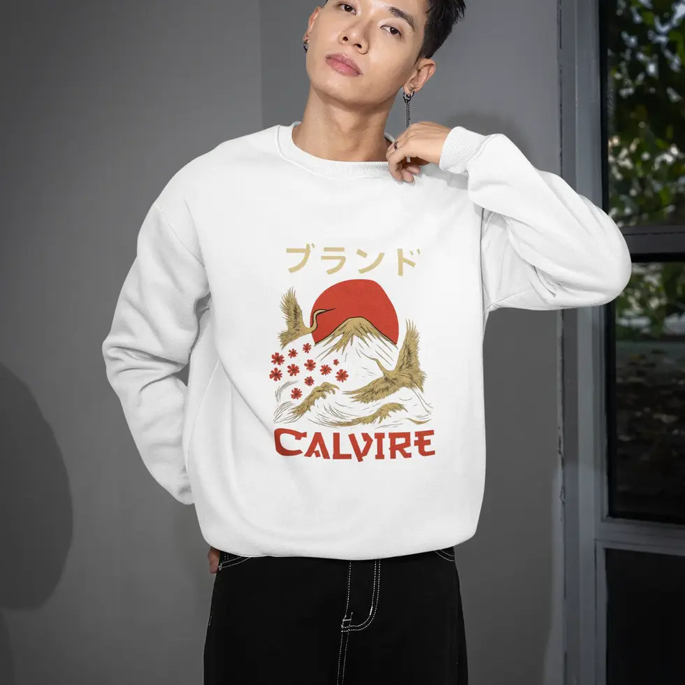 White Japanese Mount Fuji Graphic Men's Sweatshirt